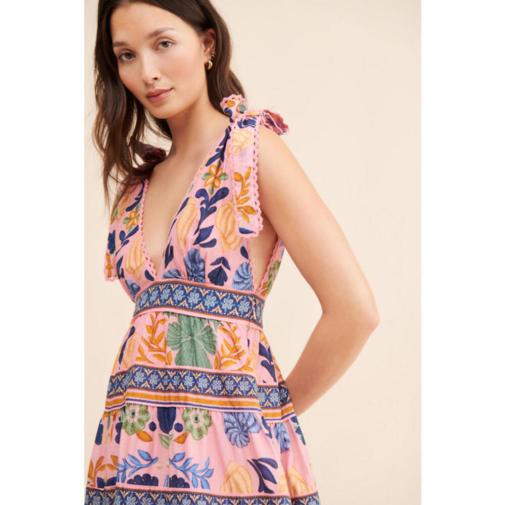 Farm Rio - Tiered Floral Midi Dress with Tie Shoulder Straps, Size S - Picture 2 of 11